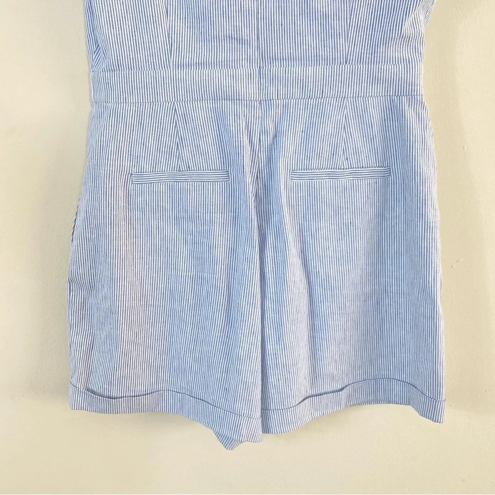 Banana Republic Seersucker Linen V-Neck Short Sleeve Blue White Striped - 6